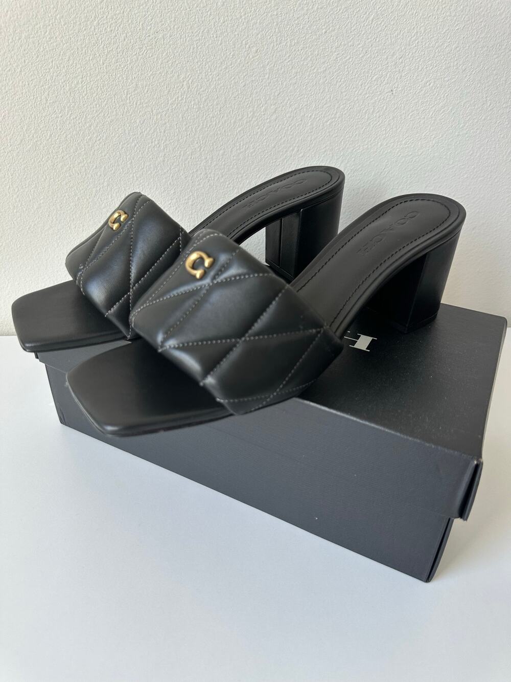 Coach Holly Quilted Block Heel Slide Sandals Black Leather NIB Size 10